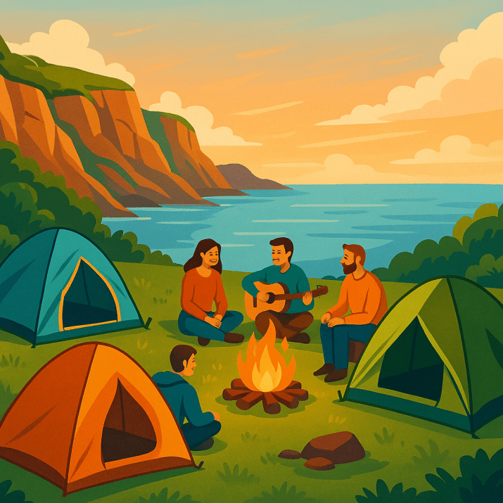 Tents and campfire by the sea as part of a nature camp near Cork