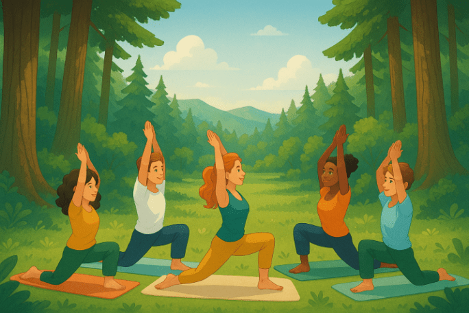 Yoga practice in a quiet Irish forest during a weekend retreat