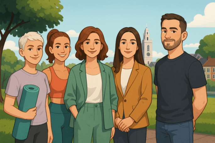 Uplift Club team members standing near a Cork landmark, diverse and friendly